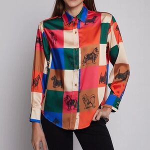 Vilagallo Donia Dog Button Down Shirt Color Block Office Blouse EU 44 US 12